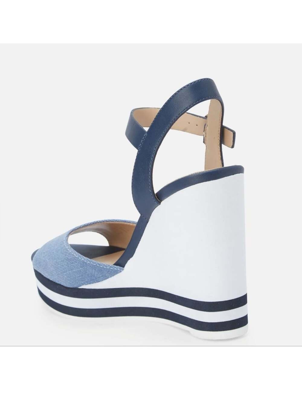Aldo Broa Navy Blue Denim And White Stripe Platform Wedge Sandal - Picture 2 of 16